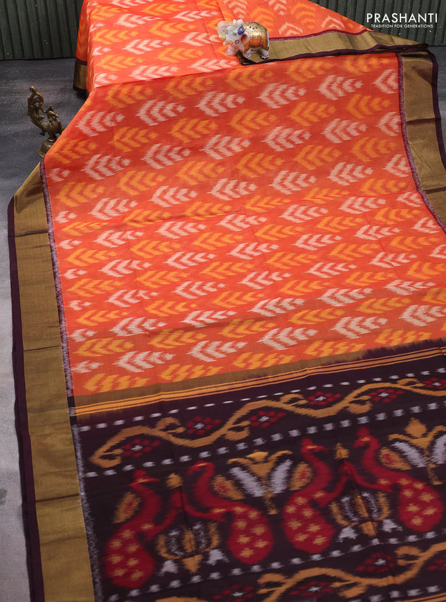 Ikat silk cotton saree orange and coffee brown with allover ikat weaves and zari woven border