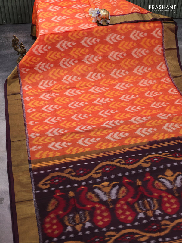 Ikat silk cotton saree orange and coffee brown with allover ikat weaves and zari woven border