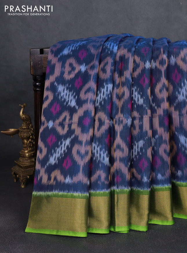 Ikat silk cotton saree peacock blue and parrot green with allover ikat weaves and zari woven border