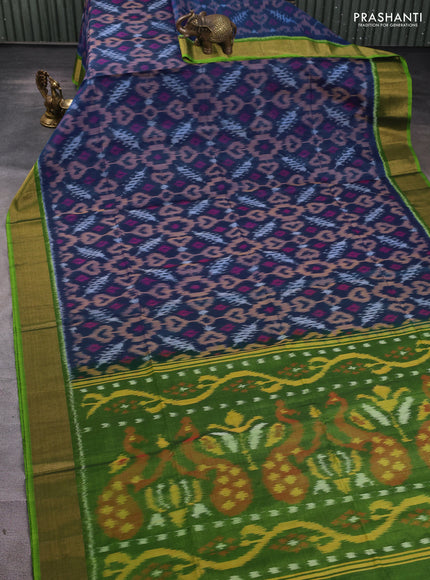 Ikat silk cotton saree peacock blue and parrot green with allover ikat weaves and zari woven border