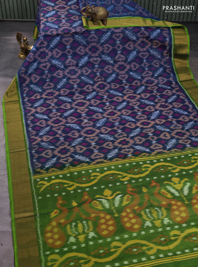 Ikat silk cotton saree peacock blue and parrot green with allover ikat weaves and zari woven border