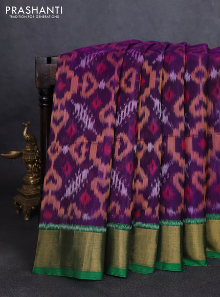 Ikat silk cotton saree purple and green with allover ikat weaves and zari woven border