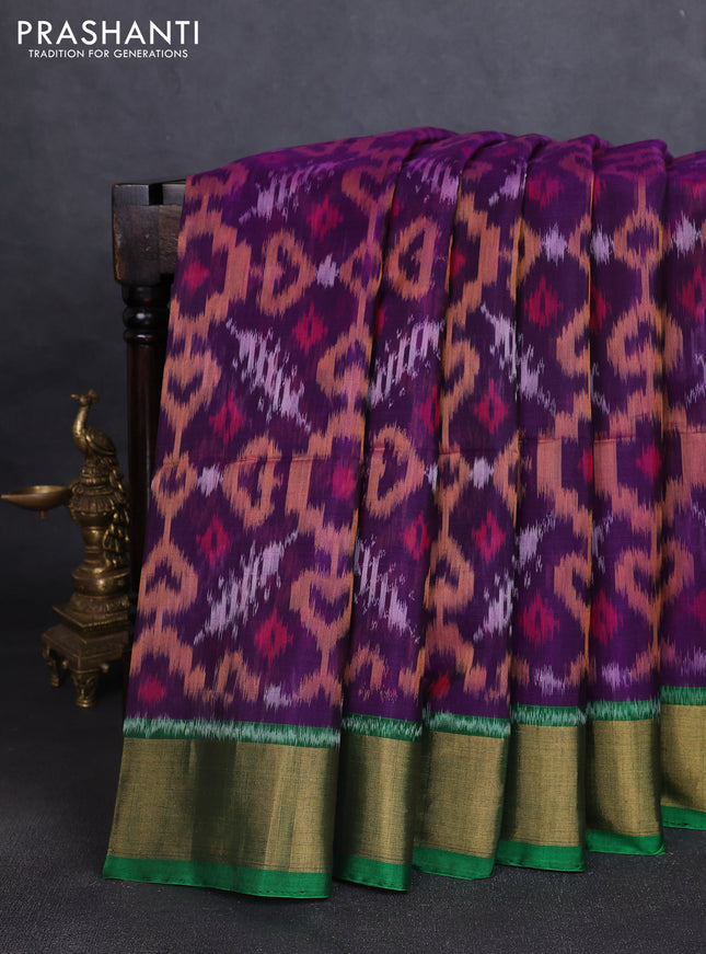 Ikat silk cotton saree purple and green with allover ikat weaves and zari woven border