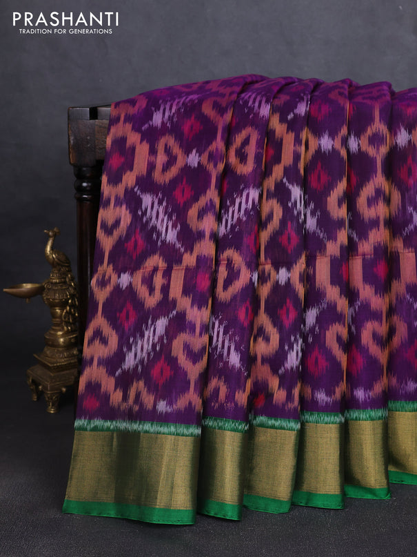 Ikat silk cotton saree purple and green with allover ikat weaves and zari woven border