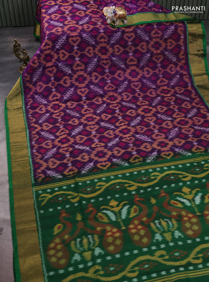 Ikat silk cotton saree purple and green with allover ikat weaves and zari woven border