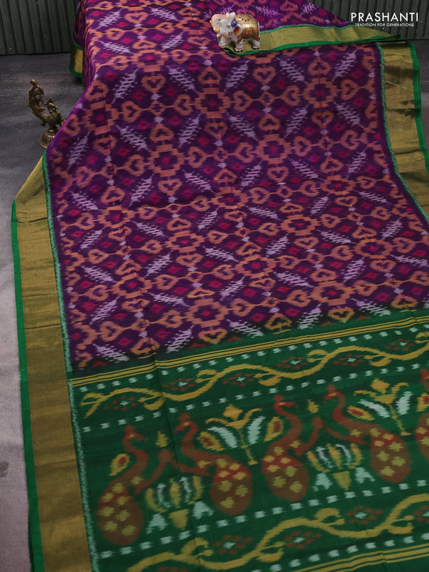 Ikat silk cotton saree purple and green with allover ikat weaves and zari woven border