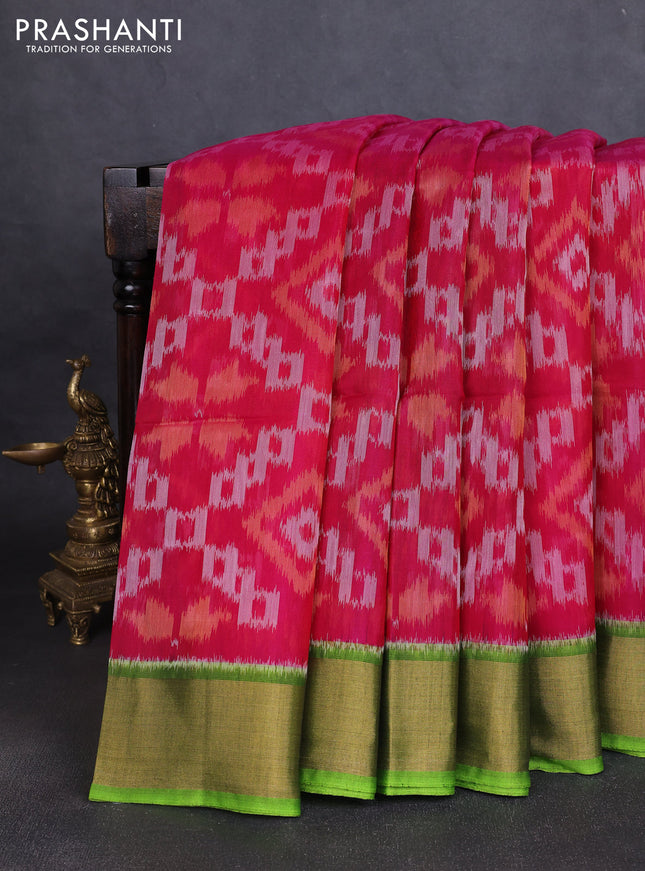 Ikat silk cotton saree pink and parrot green with allover ikat weaves and zari woven border