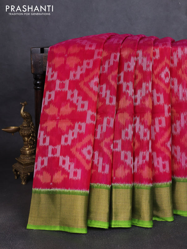 Ikat silk cotton saree pink and parrot green with allover ikat weaves and zari woven border