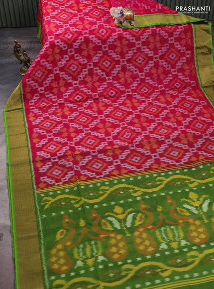 Ikat silk cotton saree pink and parrot green with allover ikat weaves and zari woven border