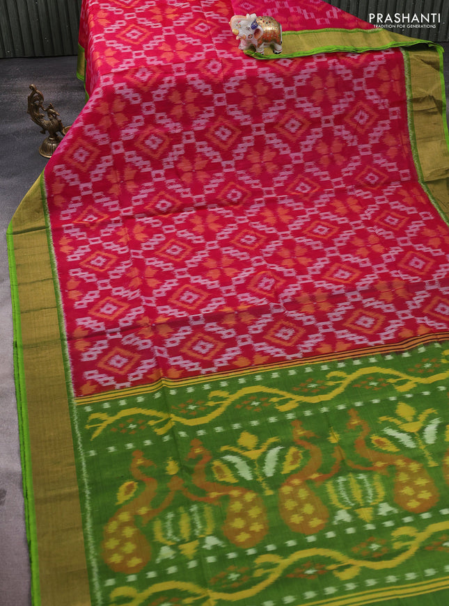 Ikat silk cotton saree pink and parrot green with allover ikat weaves and zari woven border