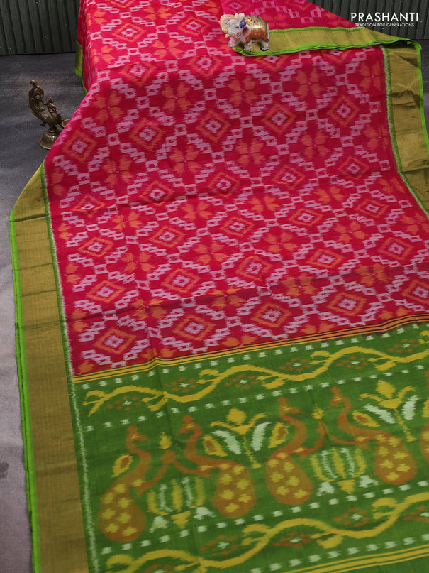 Ikat silk cotton saree pink and parrot green with allover ikat weaves and zari woven border