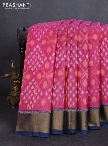 Ikat silk cotton saree pink and peacock blue with allover ikat weaves and zari woven border