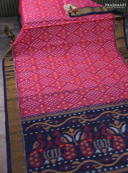 Ikat silk cotton saree pink and peacock blue with allover ikat weaves and zari woven border