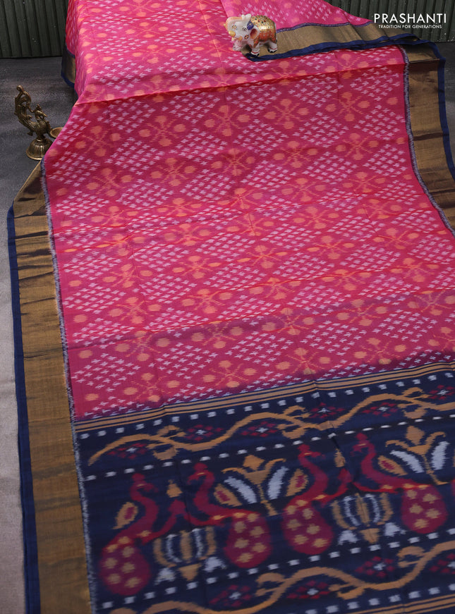 Ikat silk cotton saree pink and peacock blue with allover ikat weaves and zari woven border