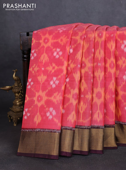 Ikat silk cotton saree pink and wine shade with allover ikat weaves and zari woven border