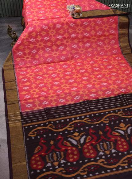 Ikat silk cotton saree pink and wine shade with allover ikat weaves and zari woven border