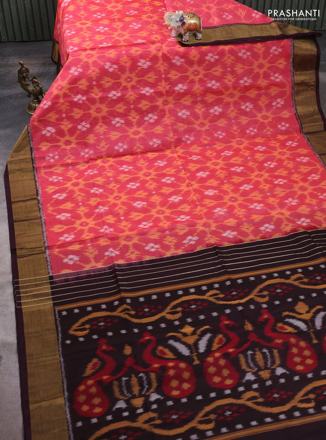 Ikat silk cotton saree pink and wine shade with allover ikat weaves and zari woven border