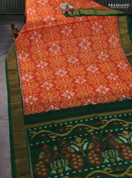 Ikat silk cotton saree rustic orange and green with allover ikat weaves and zari woven border