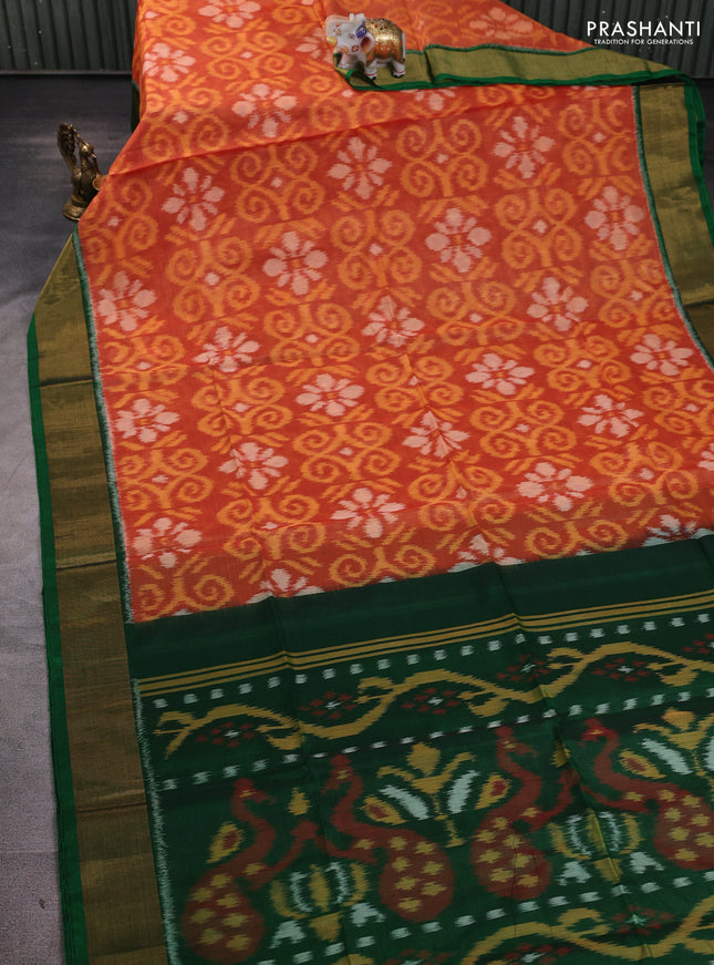Ikat silk cotton saree rustic orange and green with allover ikat weaves and zari woven border