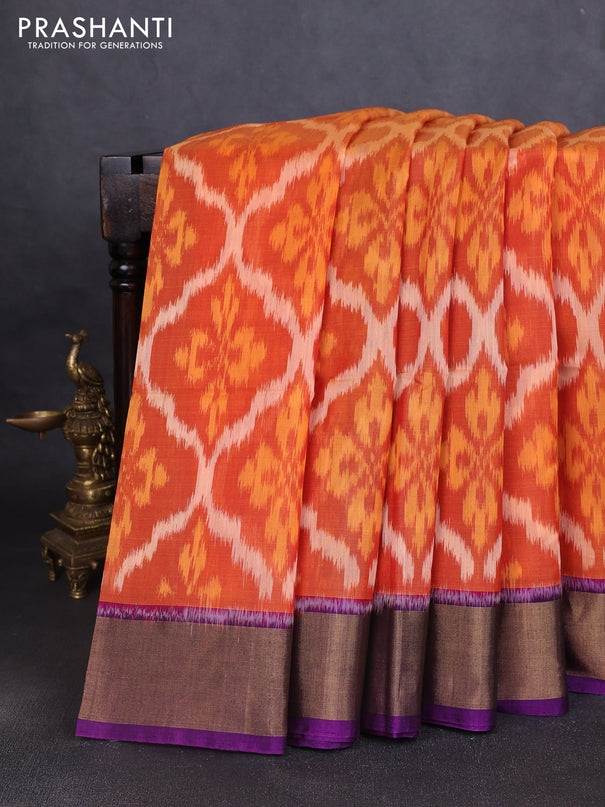 Ikat silk cotton saree rust shade and purple with allover ikat weaves and zari woven border