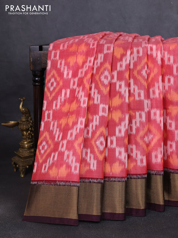 Ikat silk cotton saree red shade and wine shade with allover ikat weaves and zari woven border