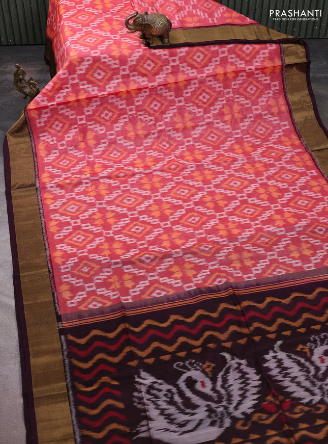 Ikat silk cotton saree red shade and wine shade with allover ikat weaves and zari woven border