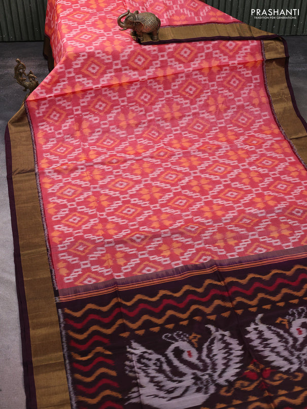 Ikat silk cotton saree red shade and wine shade with allover ikat weaves and zari woven border