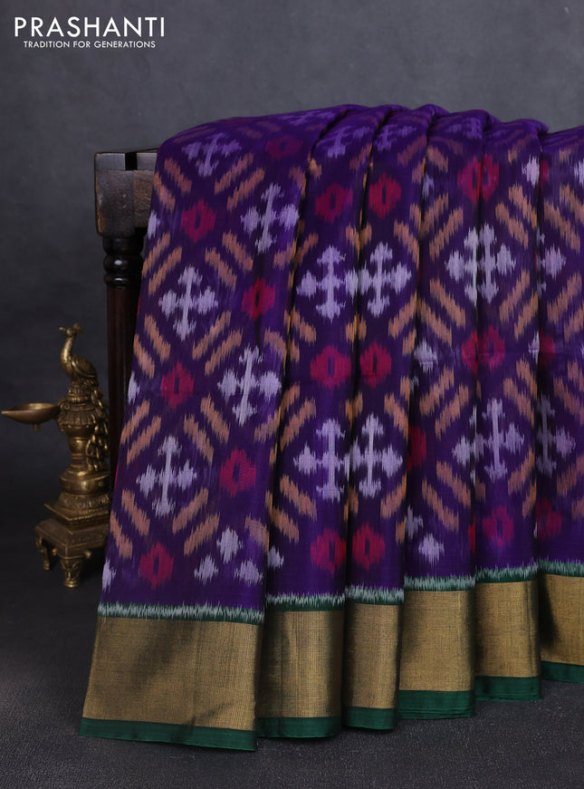 Ikat silk cotton saree blue and green with allover ikat weaves and zari woven border