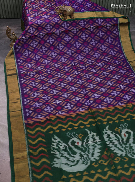 Ikat silk cotton saree blue and green with allover ikat weaves and zari woven border