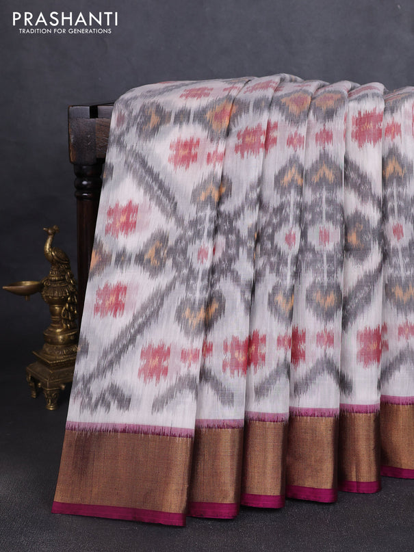 Ikat silk cotton saree off white and wine shade with allover ikat weaves and zari woven border