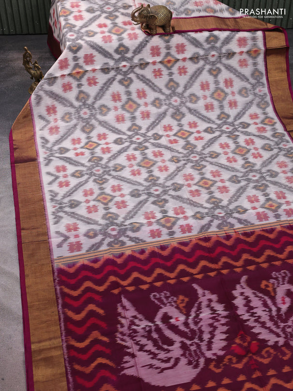 Ikat silk cotton saree off white and wine shade with allover ikat weaves and zari woven border