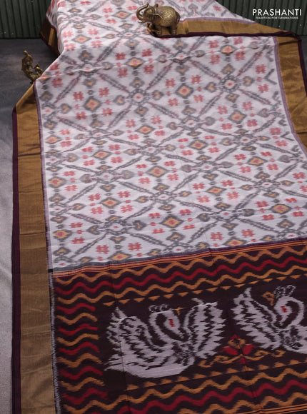 Ikat silk cotton saree off white grey and deep coffee brown with allover ikat weaves and zari woven border