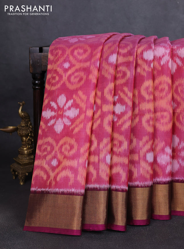 Ikat silk cotton saree pink shade and wine shade with allover ikat weaves and zari woven border