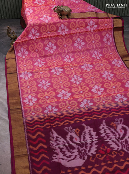 Ikat silk cotton saree pink shade and wine shade with allover ikat weaves and zari woven border