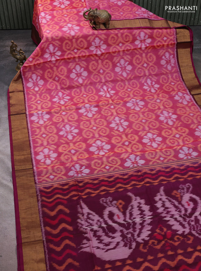 Ikat silk cotton saree pink shade and wine shade with allover ikat weaves and zari woven border
