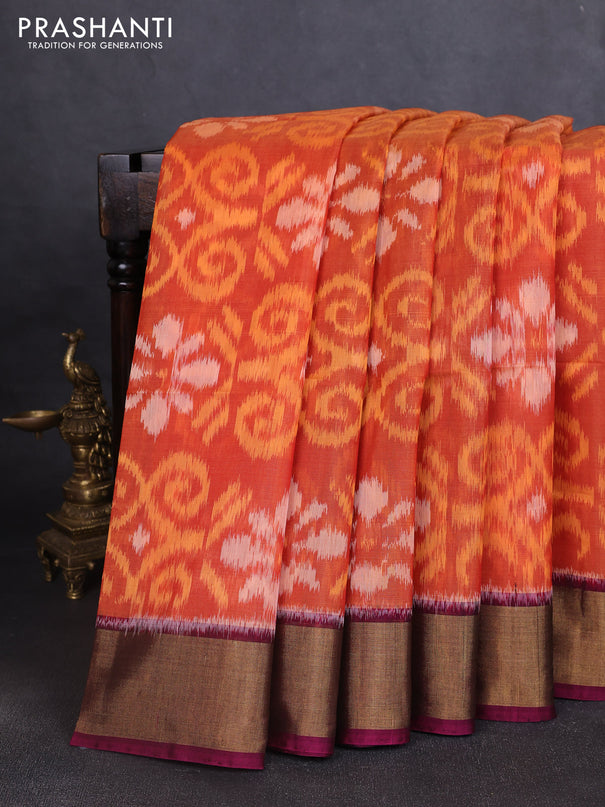 Ikat silk cotton saree rustic orange and wine shade with allover ikat weaves and zari woven border