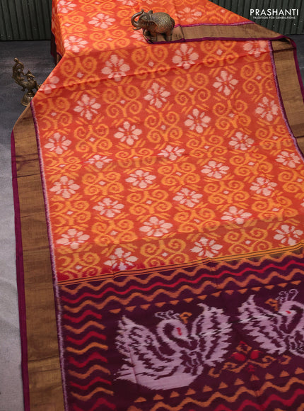 Ikat silk cotton saree rustic orange and wine shade with allover ikat weaves and zari woven border