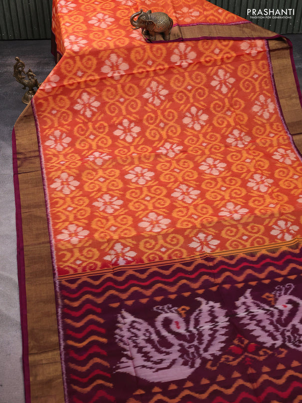 Ikat silk cotton saree rustic orange and wine shade with allover ikat weaves and zari woven border