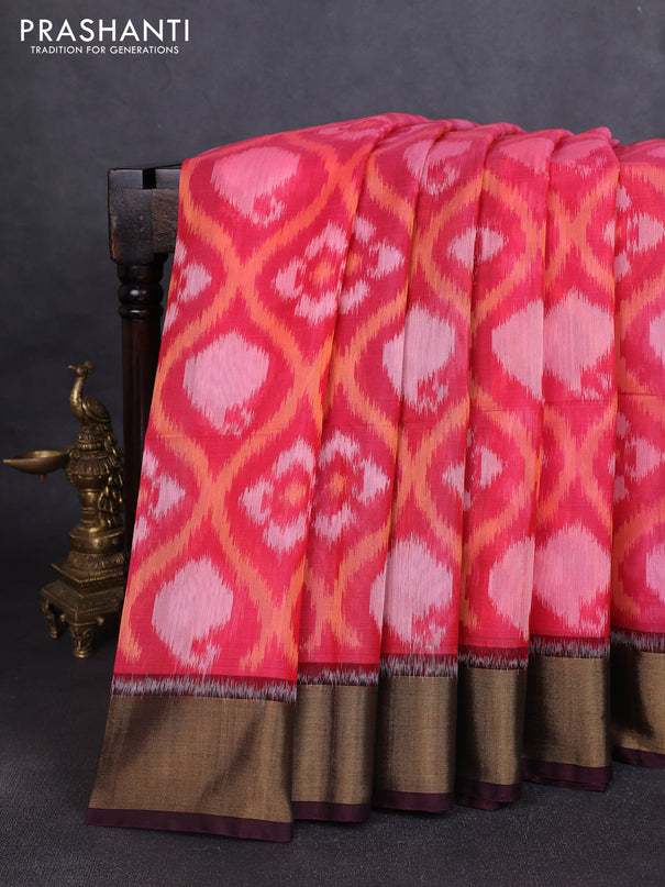 Ikat silk cotton saree candy pink and wine shade with allover ikat weaves and zari woven border