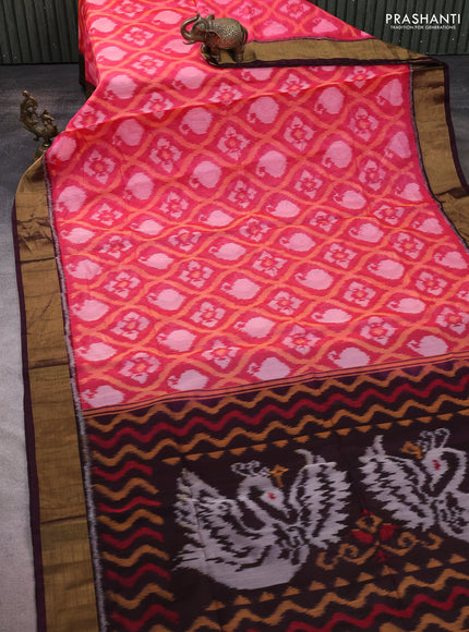 Ikat silk cotton saree candy pink and wine shade with allover ikat weaves and zari woven border