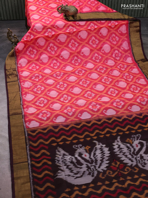 Ikat silk cotton saree candy pink and wine shade with allover ikat weaves and zari woven border