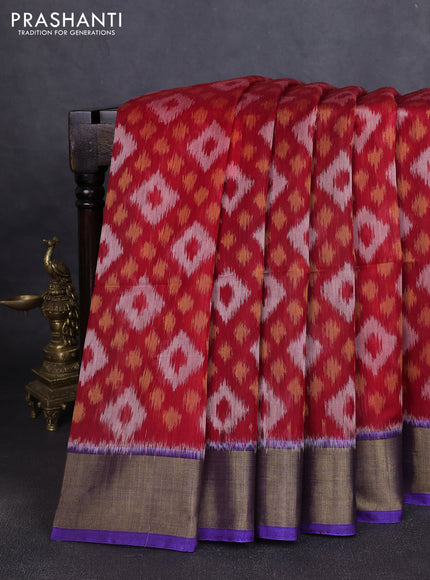 Ikat silk cotton saree red and blue with allover ikat weaves and zari woven border