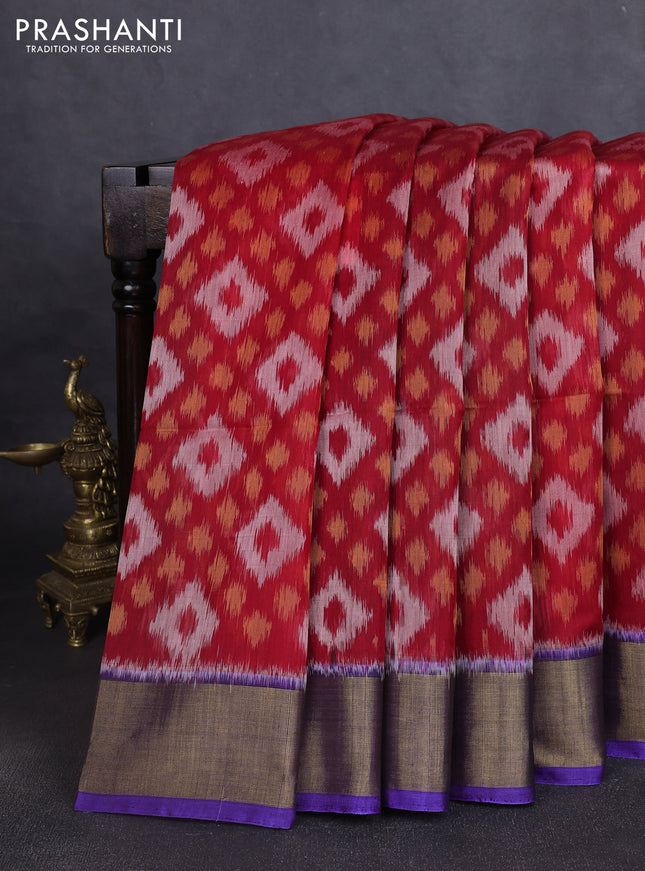 Ikat silk cotton saree red and blue with allover ikat weaves and zari woven border