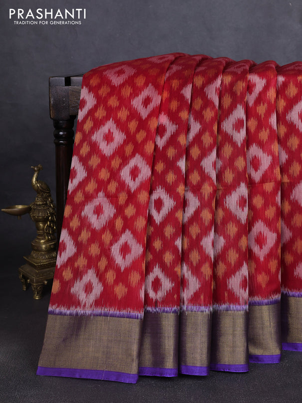 Ikat silk cotton saree red and blue with allover ikat weaves and zari woven border