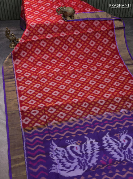 Ikat silk cotton saree red and blue with allover ikat weaves and zari woven border