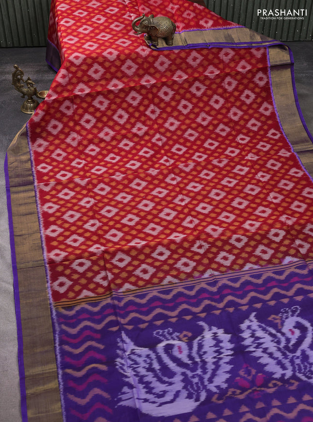 Ikat silk cotton saree red and blue with allover ikat weaves and zari woven border