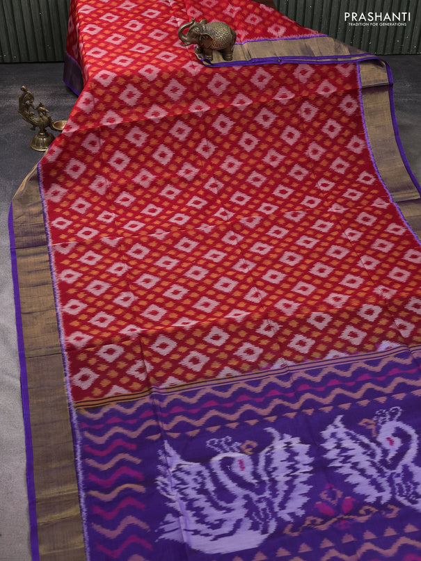 Ikat silk cotton saree red and blue with allover ikat weaves and zari woven border