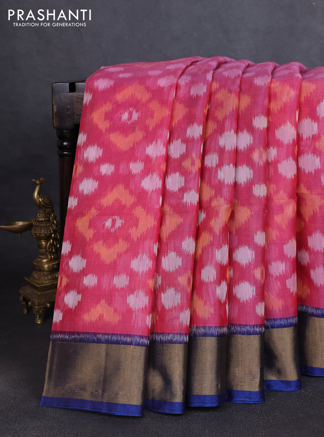 Ikat silk cotton saree pink shade and peacock blue with allover ikat weaves and zari woven border