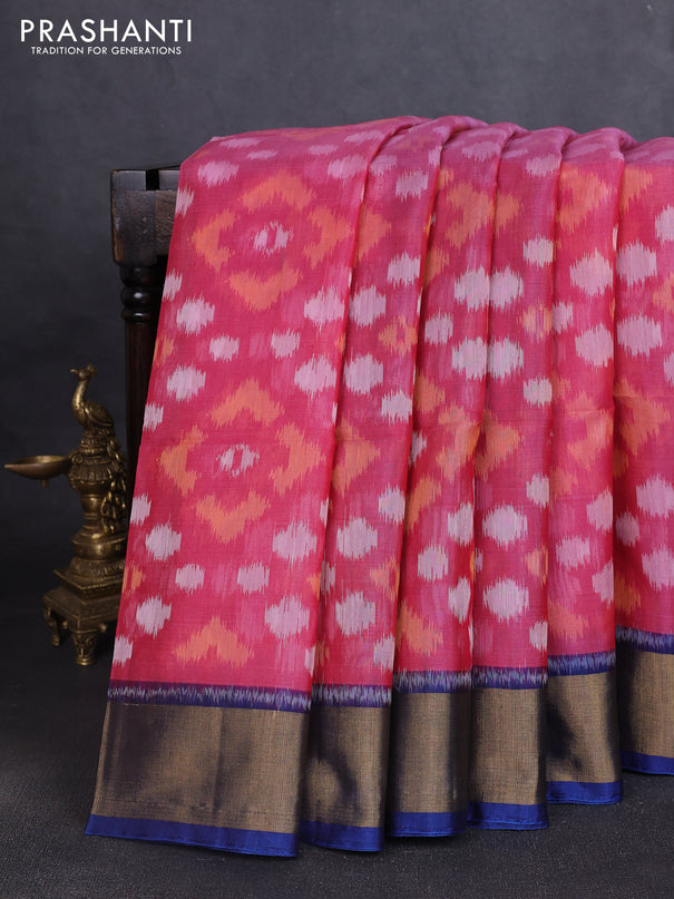 Ikat silk cotton saree pink shade and peacock blue with allover ikat weaves and zari woven border