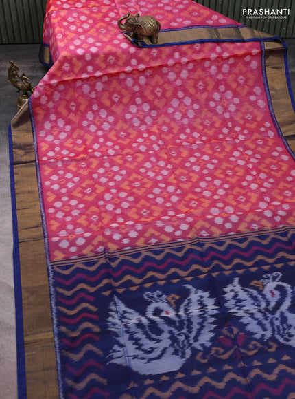 Ikat silk cotton saree pink shade and peacock blue with allover ikat weaves and zari woven border